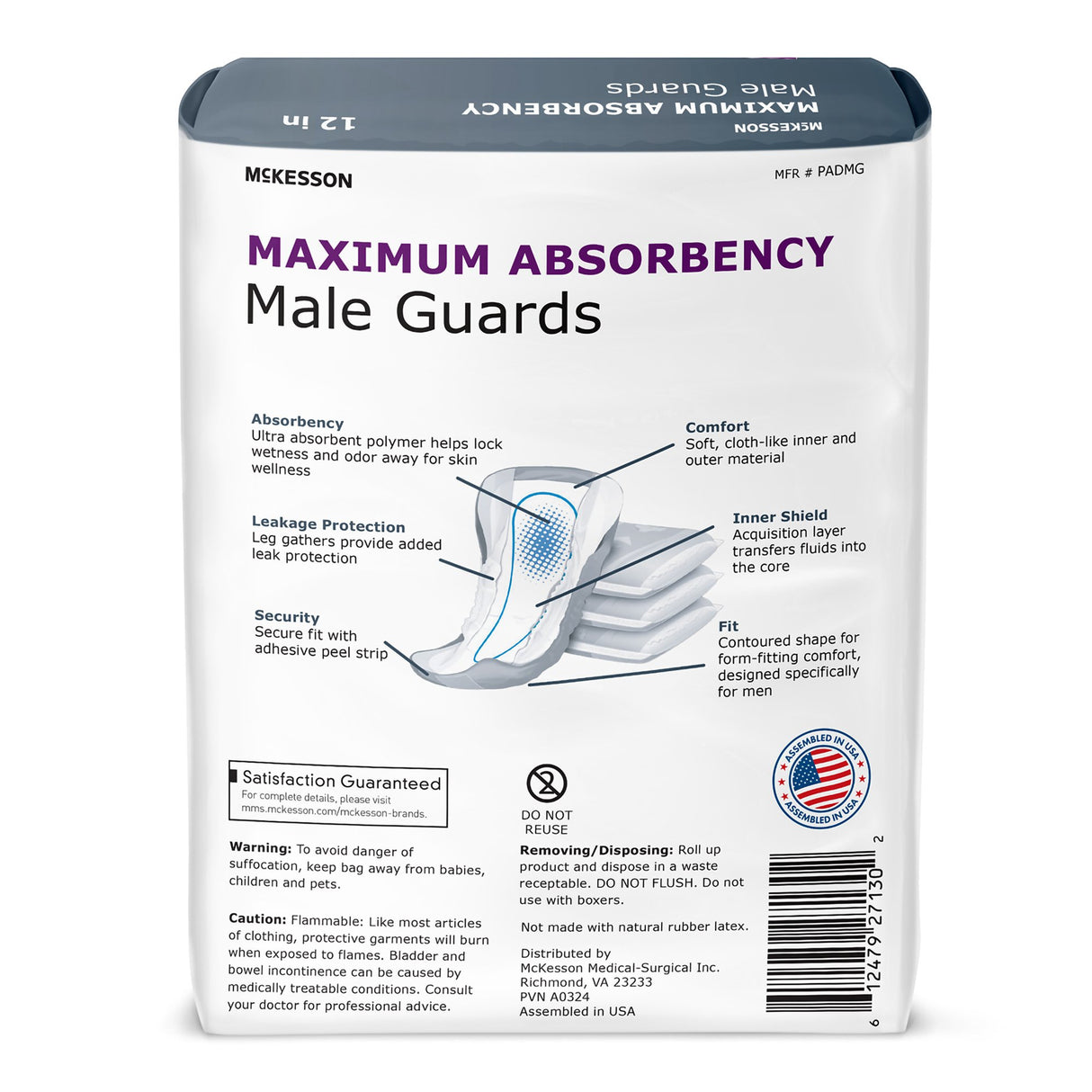 Front view of McKesson Male Guards, Maximum Absorbency package, highlighting features like leak protection, odor control, comfort, and security. The image displays mens absorbent pads with a large illustration and labeled parts.