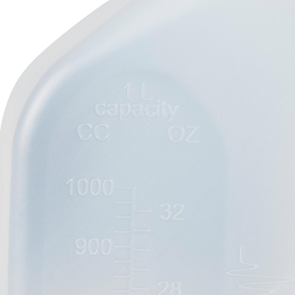 Close-up of McKesson Male Urinal with Lid, a translucent 1-liter container by McKesson, featuring embossed graduated scales marked in CC (up to 1000) and OZ (up to 32) with numbered lines for precise measurement.