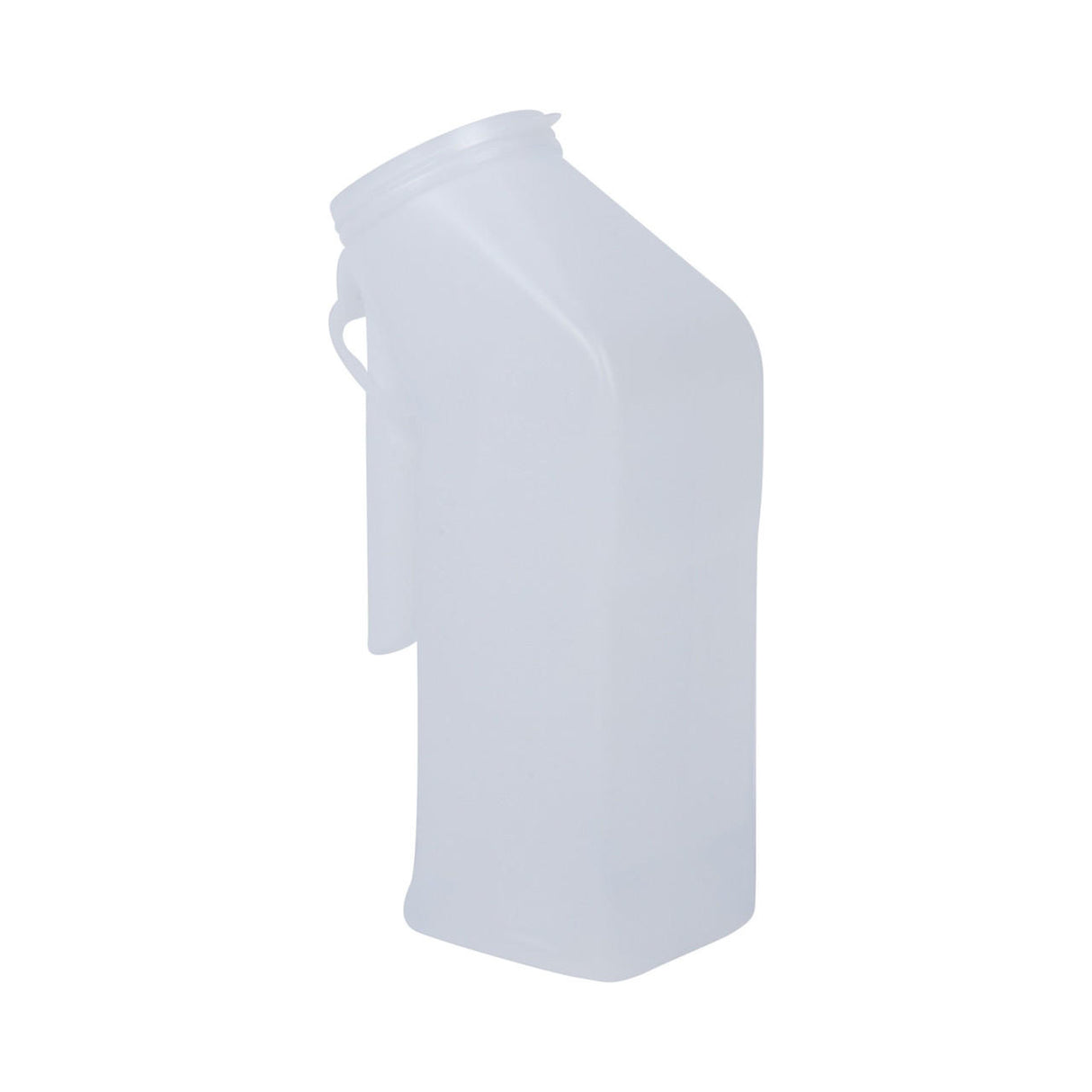 The McKesson Male Urinal with Lid by McKesson is a translucent, spill-proof urinal with a rectangular base, angled neck, and side handle—ideal for hospitals or home healthcare use.