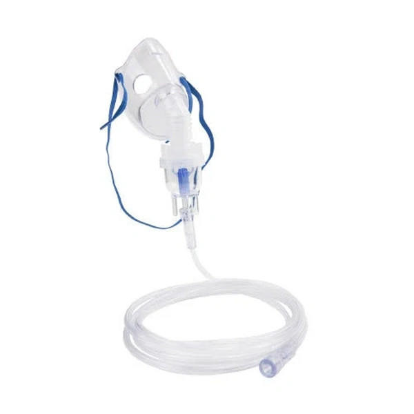 A McKesson Nebulizer Mask and Tubing Kit with a small volume medication cup and adult aerosol mask, featuring blue elastic straps and coiled transparent tubing, is shown on a white background.