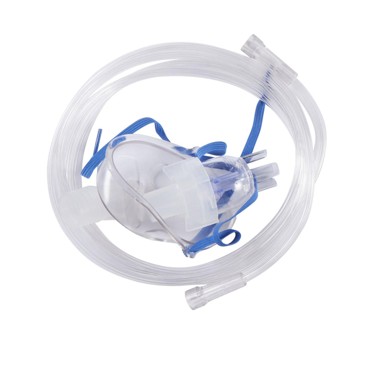 The McKesson Nebulizer Mask and Tubing Kit, featuring a pediatric aerosol mask and small volume medication cup, includes a clear mask with blue elastic strap and long transparent tubing, shown coiled together on a white background.