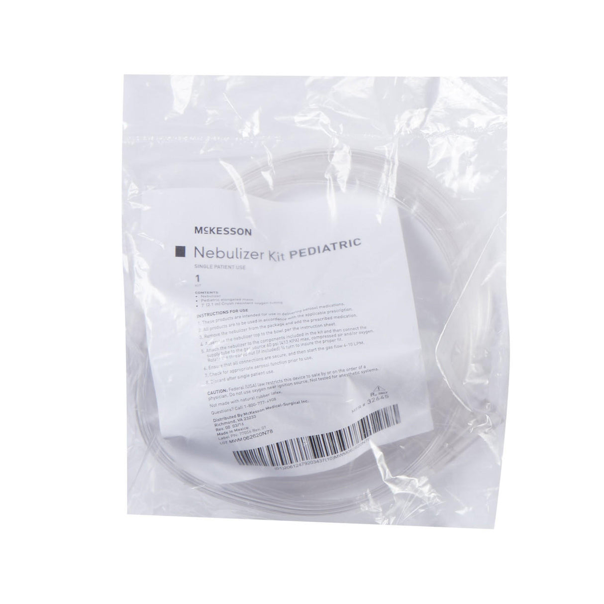 A clear plastic bag contains a McKesson Nebulizer Mask and Tubing Kit with Small Volume Medication Cup and Pediatric Aerosol Mask, labeled for pediatric use with visible instructions on a white label.