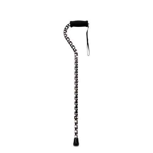 The McKesson Offset Cane, Aluminum, 30 to 39 Inch Height by McKesson stands upright against a white background and features a black floral pattern, ergonomic offset handle, wrist strap, and rubber tip.