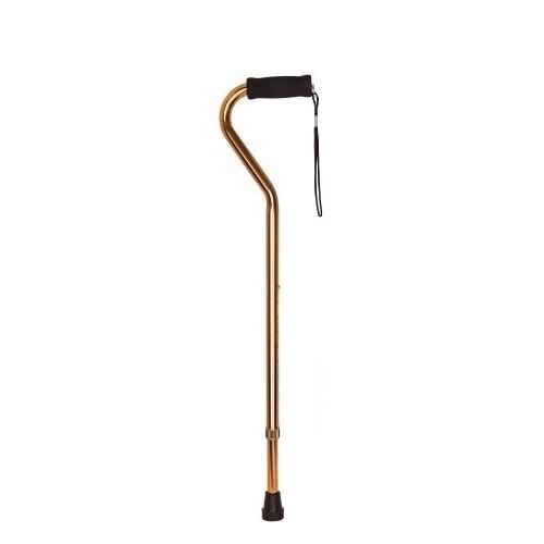 The McKesson Offset Cane, Aluminum, 30 to 39 Inch Height, features a gold finish, black foam handle grip with wrist strap, and a rubber tip for stability—shown on a plain white background.