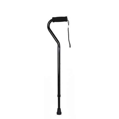 The McKesson Offset Cane features an aluminum build, adjustable 30–39 inch height, foam grip with curved handle, wrist strap, and a rubber tip for stability.