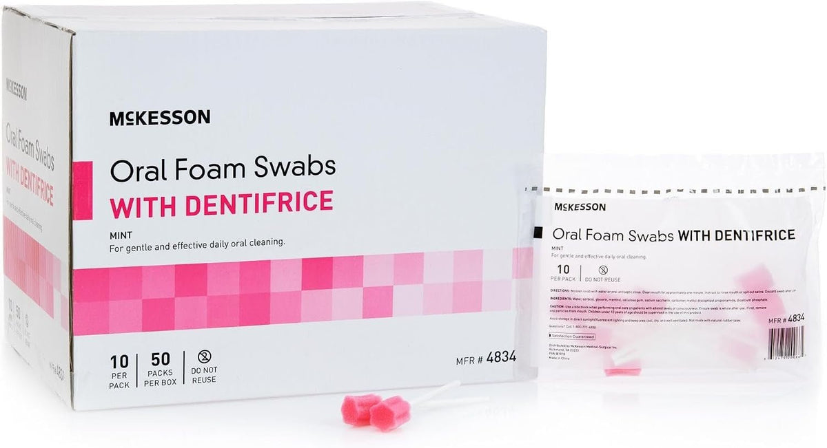 McKesson Oral Foam Swabs with Dentifrice, Mint - 4834-Box - LL Medico