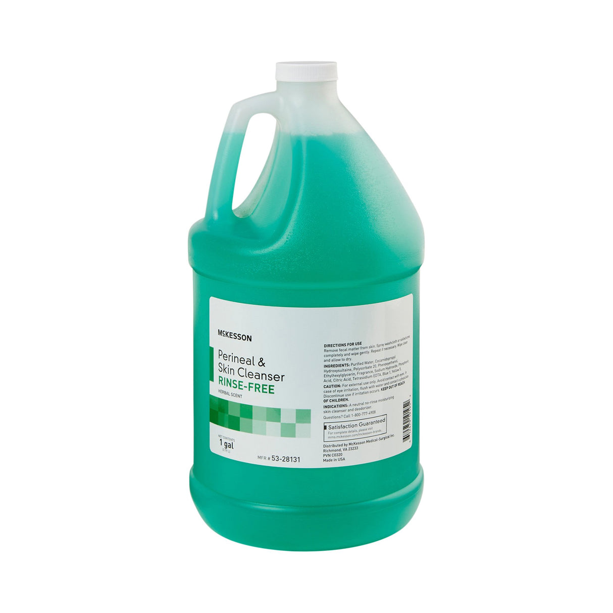 A 1-gallon jug of McKesson Rinse-Free Perineal Wash, Herbal Scent, featuring green liquid with a white handle and a white and green label—ideal for incontinence care.