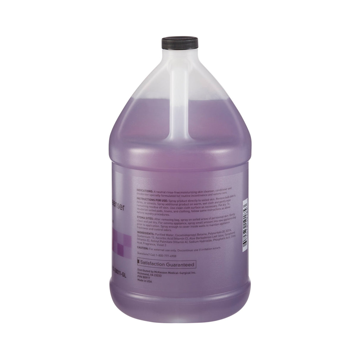 A large, transparent gallon jug of McKesson Rinse-Free Perineal Wash, Fresh Scent, with a black screw cap and labeled instructions. This gentle skin cleanser is provided by McKesson.