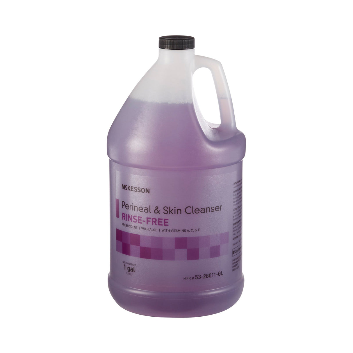 McKesson Rinse-Free Perineal Wash, Gallon, Fresh Scent is a purple liquid skin cleanser enriched with vitamins A, C & E to help prevent perineal dermatitis. The large bottle has a handle and black cap for easy use.