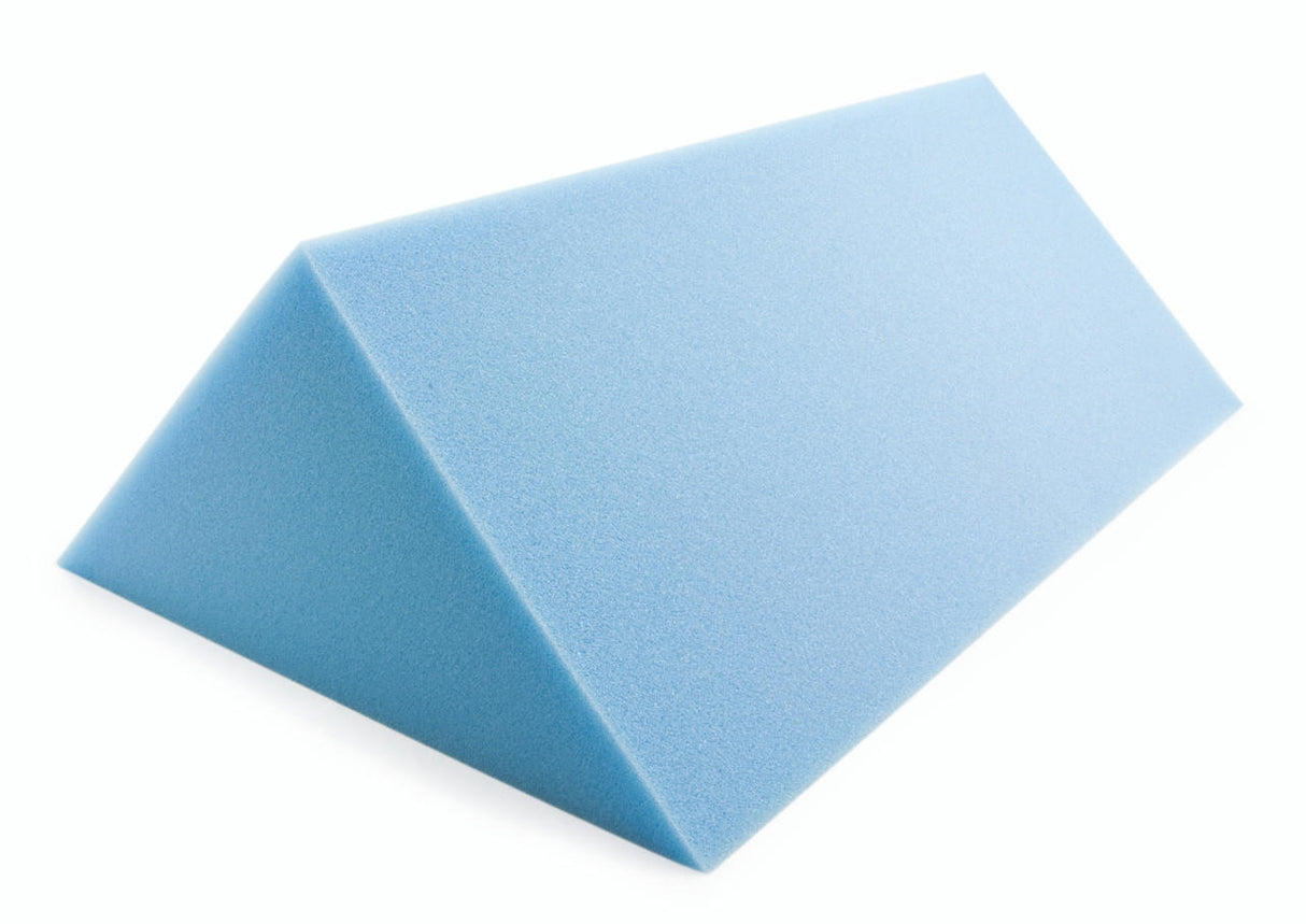 The McKesson Positioning Wedge (8 W x 18 D x 8 H), a light blue triangular prism, is made from medical-grade polyurethane foam and designed for optimal patient positioning.