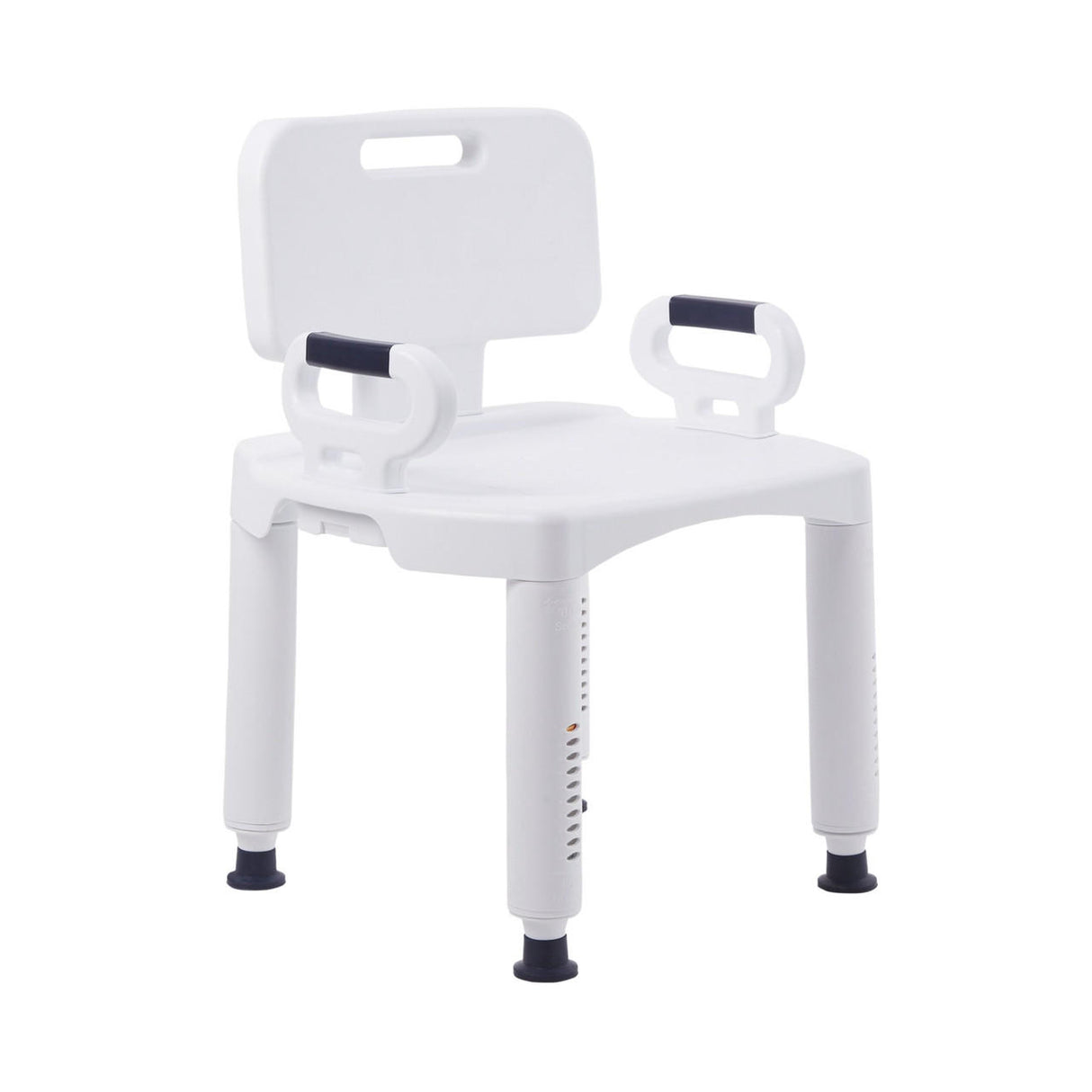 The McKesson Premium Plastic Bath Chair by McKesson is a white, adjustable shower seat with armrests, a backrest with handle cutout for easy carrying, sturdy non-slip feet, and adjustable legs.