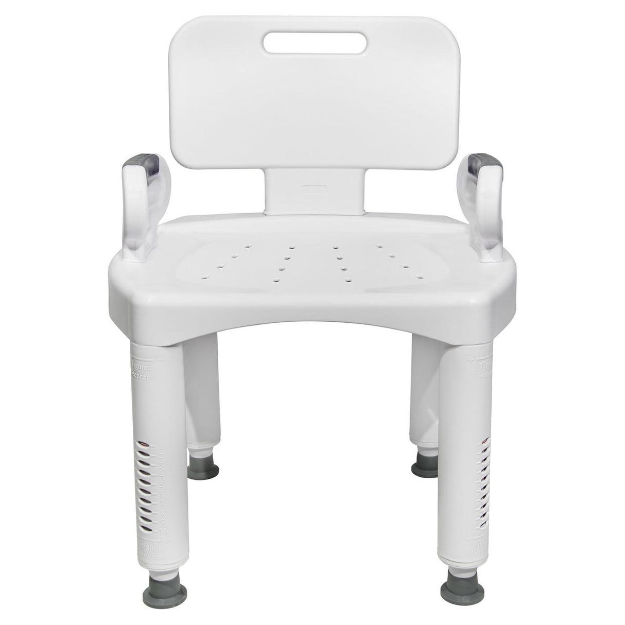 The McKesson Premium Plastic Bath Chair features a white adjustable seat with armrests, a backrest with cutout handle, drainage holes, and four adjustable legs with non-slip rubber tips for safety and comfort. Brand: McKesson.