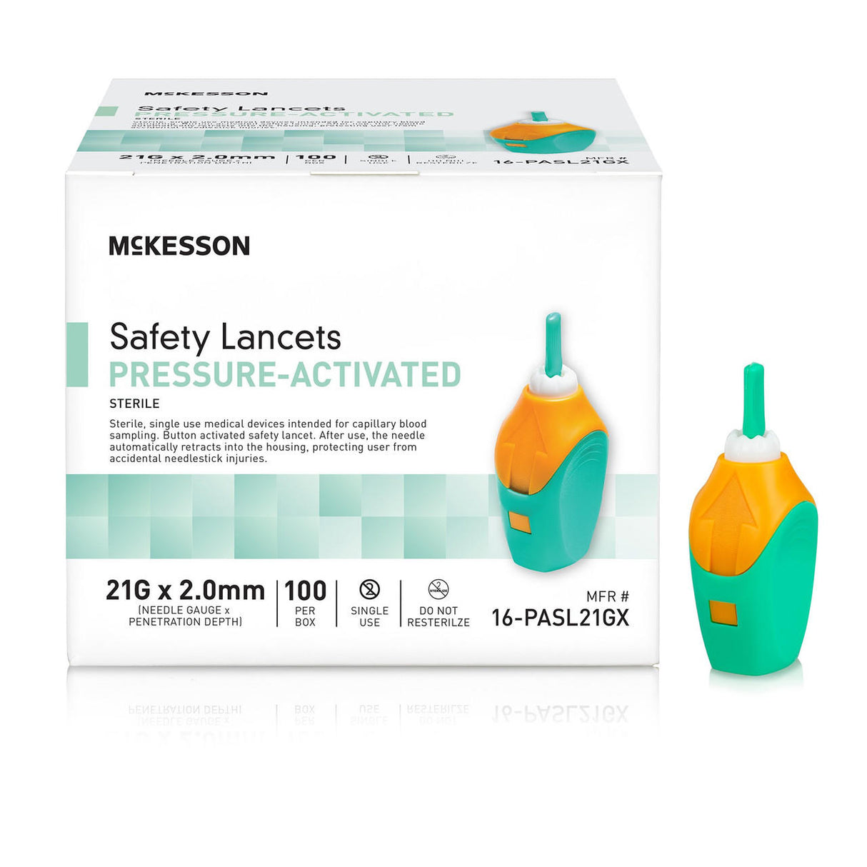 A box of McKesson Prevent Safety Lancet Fixed Depth Needle, Pressure Activated, 100 ct. Ideal for capillary blood and glucose testing. One green and orange lancet stands beside the box displaying product info and instructions.