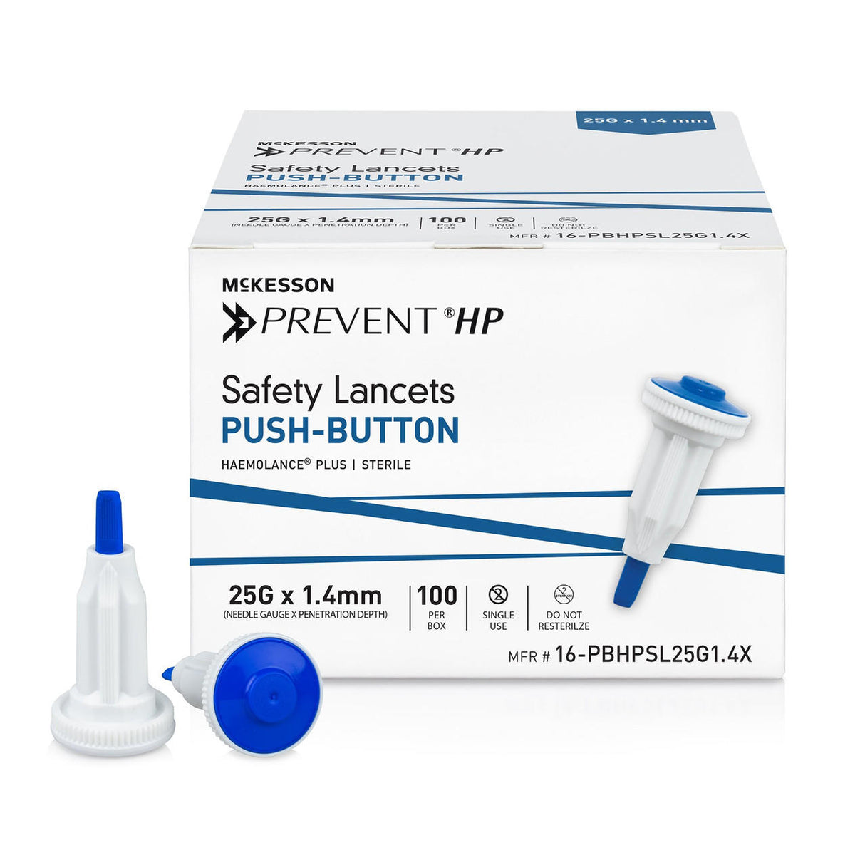 McKesson Prevent Safety Lancet Fixed Depth Lancet Needle, Push Button, 100 ct - 16-PBHPSL28G1.0 - LL Medico