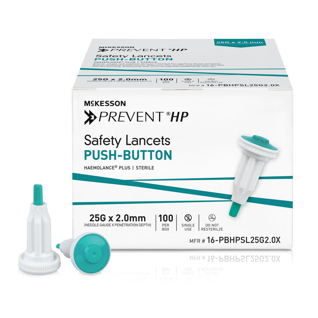 A box of McKesson Prevent Safety Lancet Fixed Depth Lancet Needle, Push Button, 100 ct by McKesson is shown with two lancets in front. The box indicates 100 count and features an image of the lancet on a white background. Ideal for glucose testing.