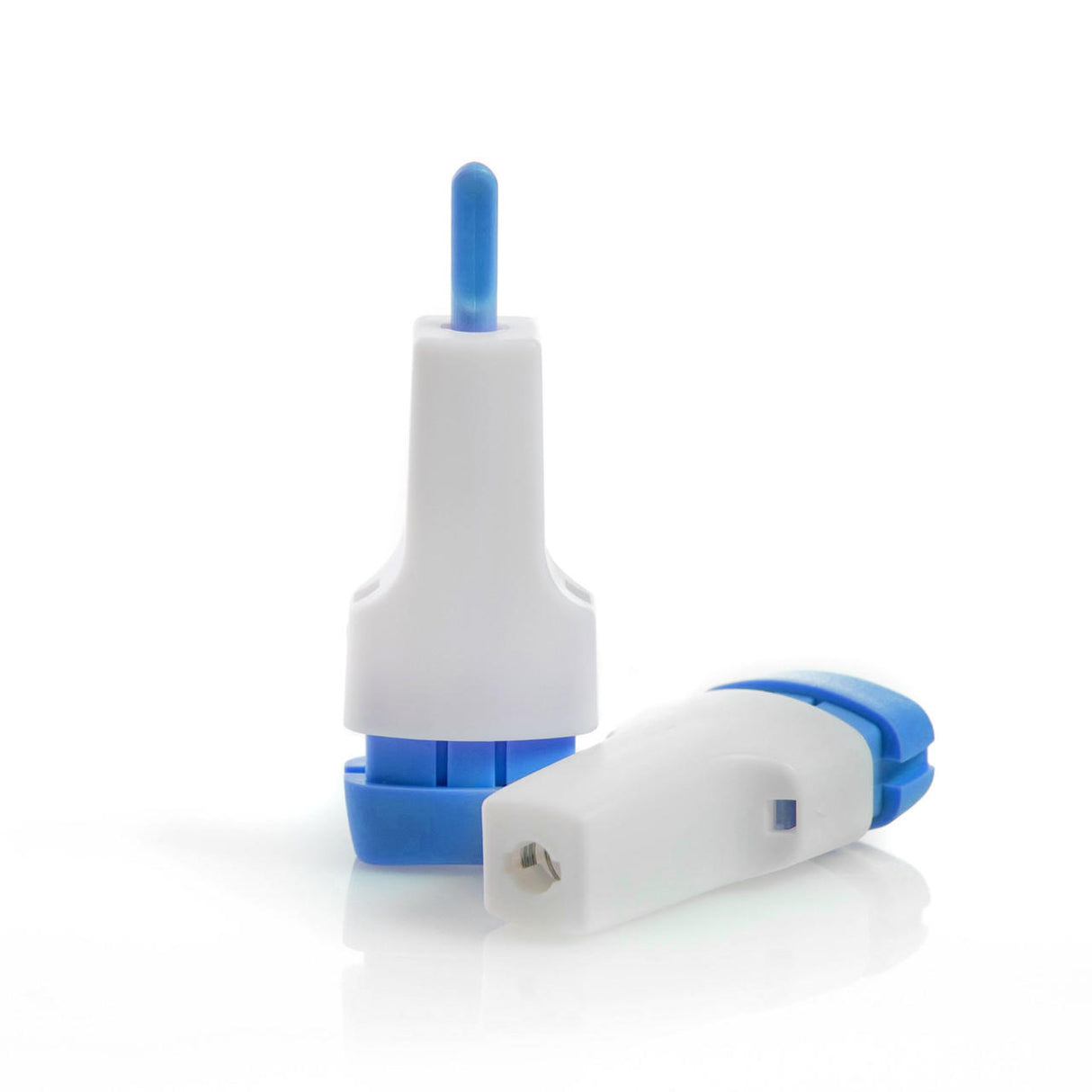 Two McKesson Prevent Safety Lancet Fixed Depth Needles with push button, one upright and one lying down, are displayed on a white background—ideal for blood sugar or glucose testing. Box contains 100 single-use lancets.