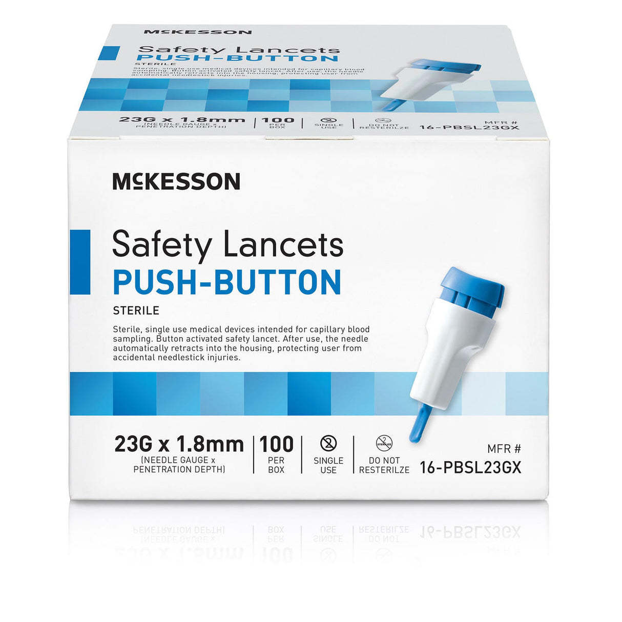 A white and blue box of McKesson Twist Top Lancet Needles, 28G x 1.8mm, displays product details, icons, and an image of a lancet. Compatible with most lancing devices. 100 needles per box.