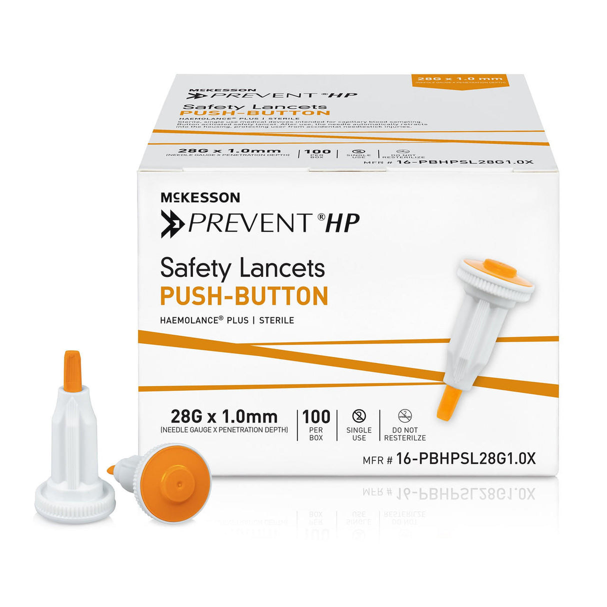 A box of McKesson Prevent Safety Lancet Fixed Depth Lancet Needle, Push Button, 100 ct, with two lancets in front—one upright and one lying down—both showing the orange push-button for easy blood sampling.