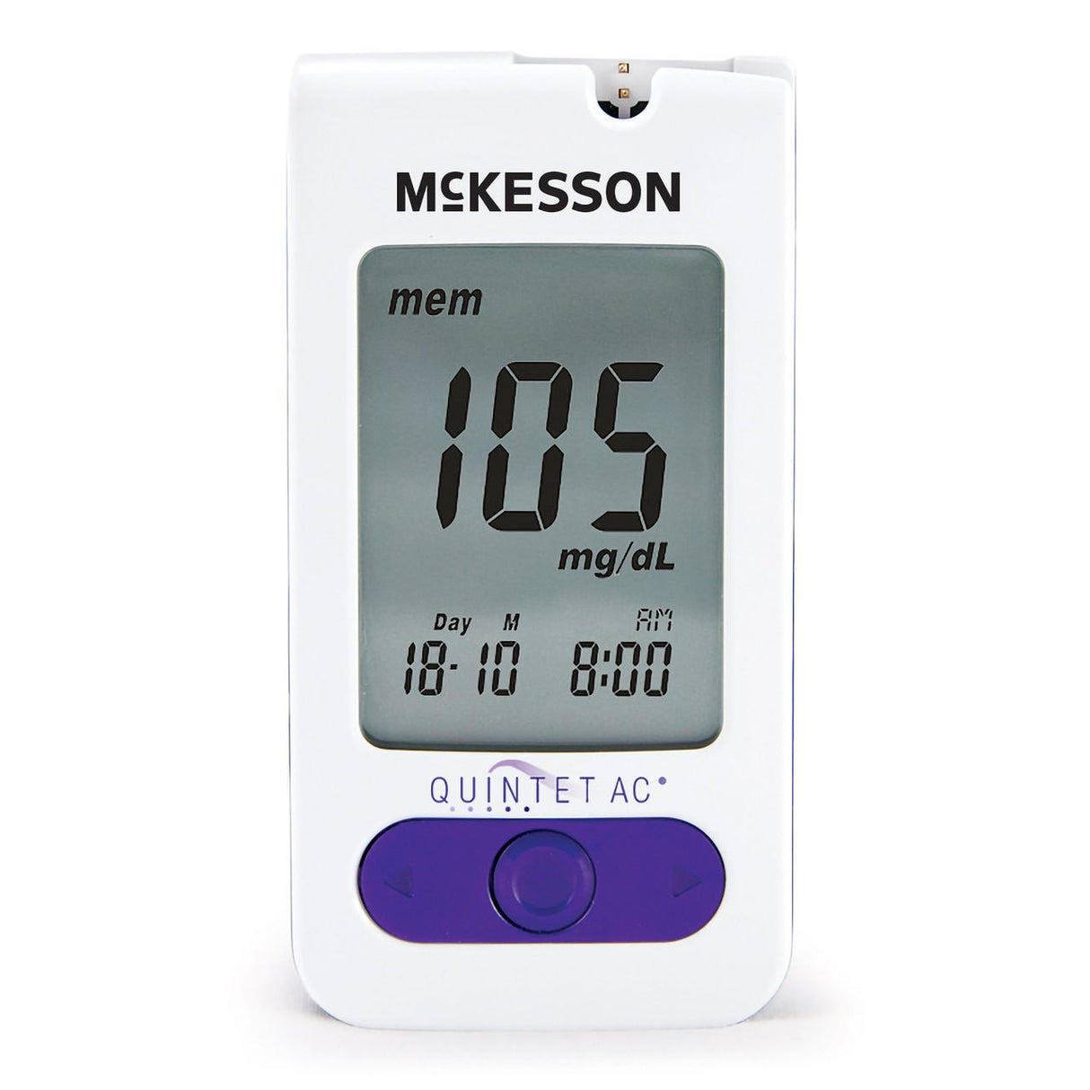 A McKesson QUINTET AC 5 Seconds Blood Glucose Monitoring System by McKesson displays a reading of 105 mg/dL at 8:00 AM on 18/10. The white device with a purple button is ideal for diabetes management when used with compatible test strips.