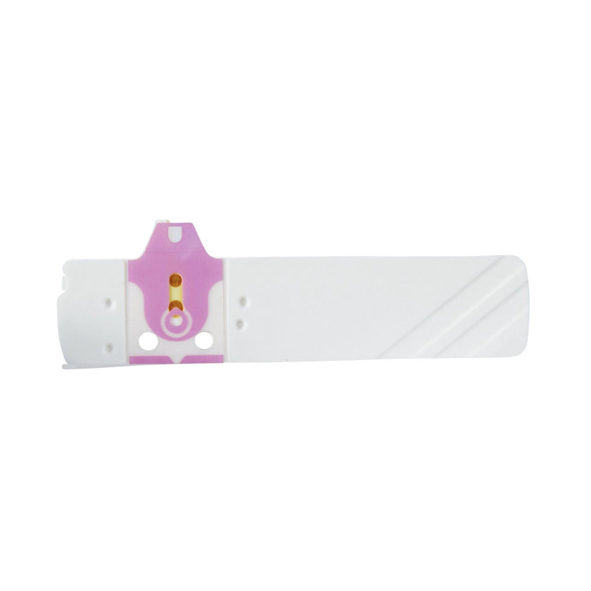 A white plastic test strip with a pink center and yellow oval indicator, designed for self-testing blood glucose using the McKesson QUINTET AC Test Strips, 50 ct by McKesson.