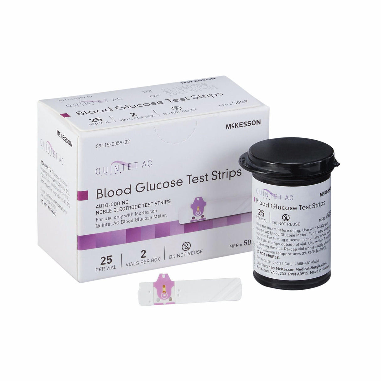 Shown are a box and container of McKesson QUINTET AC Test Strips, 50 ct, with one strip in front. Packaging details self-testing directions for use with your blood glucose monitoring system. Brand: McKesson.