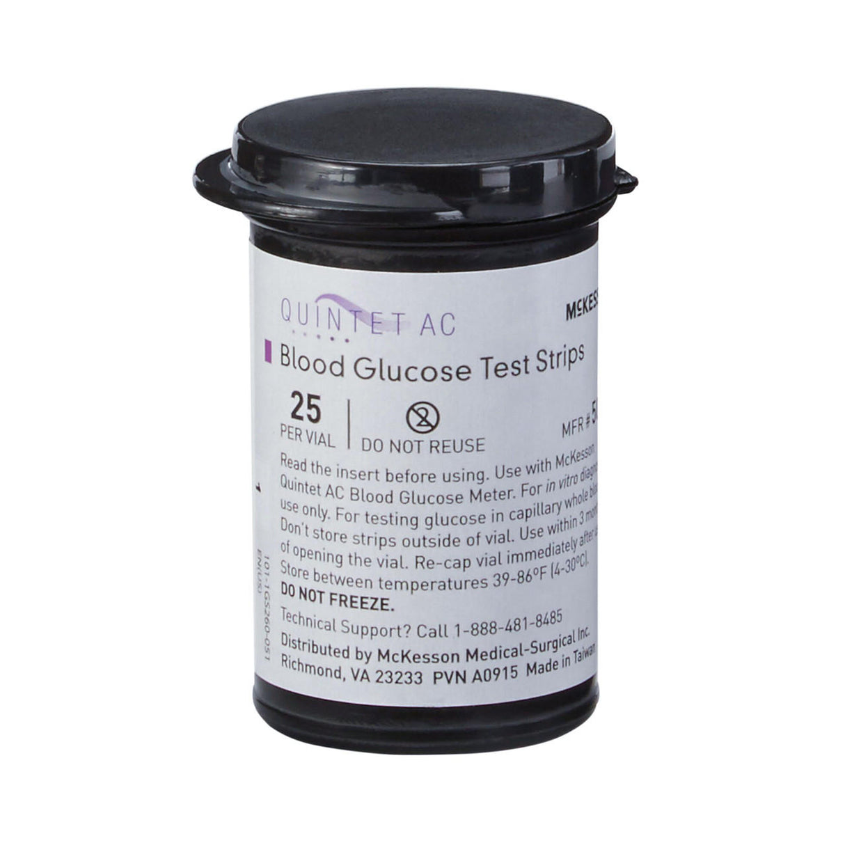 A black plastic vial labeled McKesson QUINTET AC Test Strips, 50 ct, for self-testing blood glucose. The label provides usage instructions and McKesson Medical-Surgical contact information.