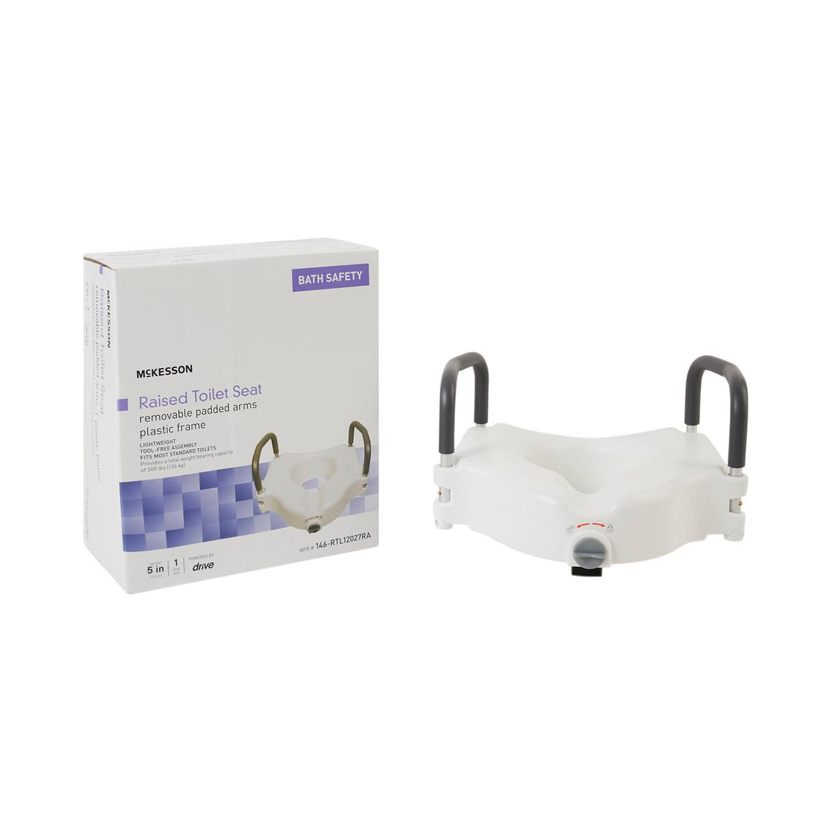 The McKesson Raised Toilet Seat with Lock and Arms, shown next to its Bath Safety packaging, features a white plastic frame and supportive black padded arms. It supports up to 300 lbs for added comfort and security.