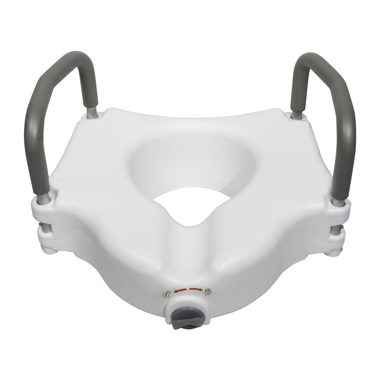 The McKesson Raised Toilet Seat with Lock and Arms supports up to 300 lbs and features gray support handles on each side, offering added stability for individuals with mobility challenges.