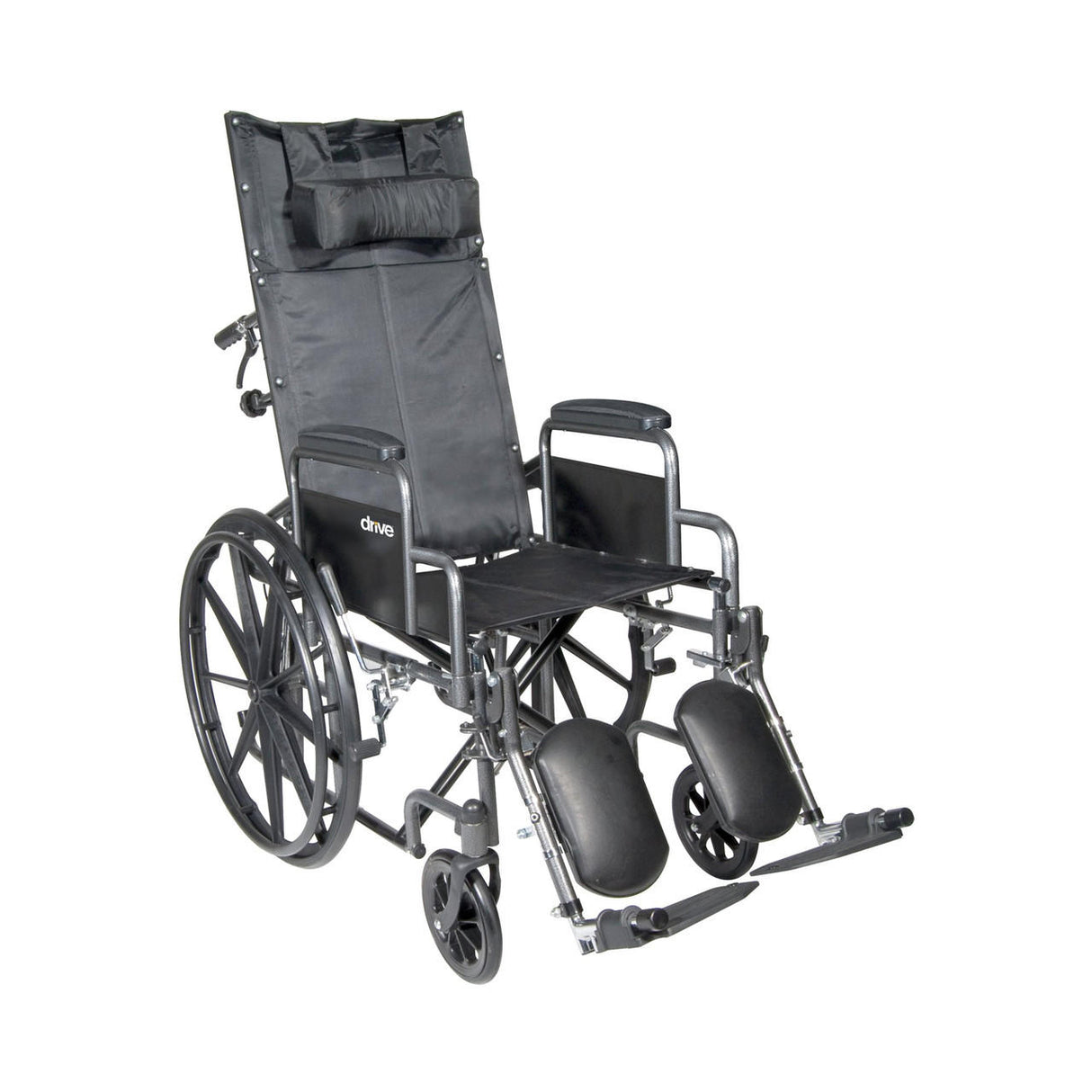 The McKesson Reclining 18 Wheelchair with Detachable Desk Arms features a high backrest, headrest cushion, padded desk arms, and elevated leg rests with calf supports. Its black frame is angled to display the large rear and small front wheels.
