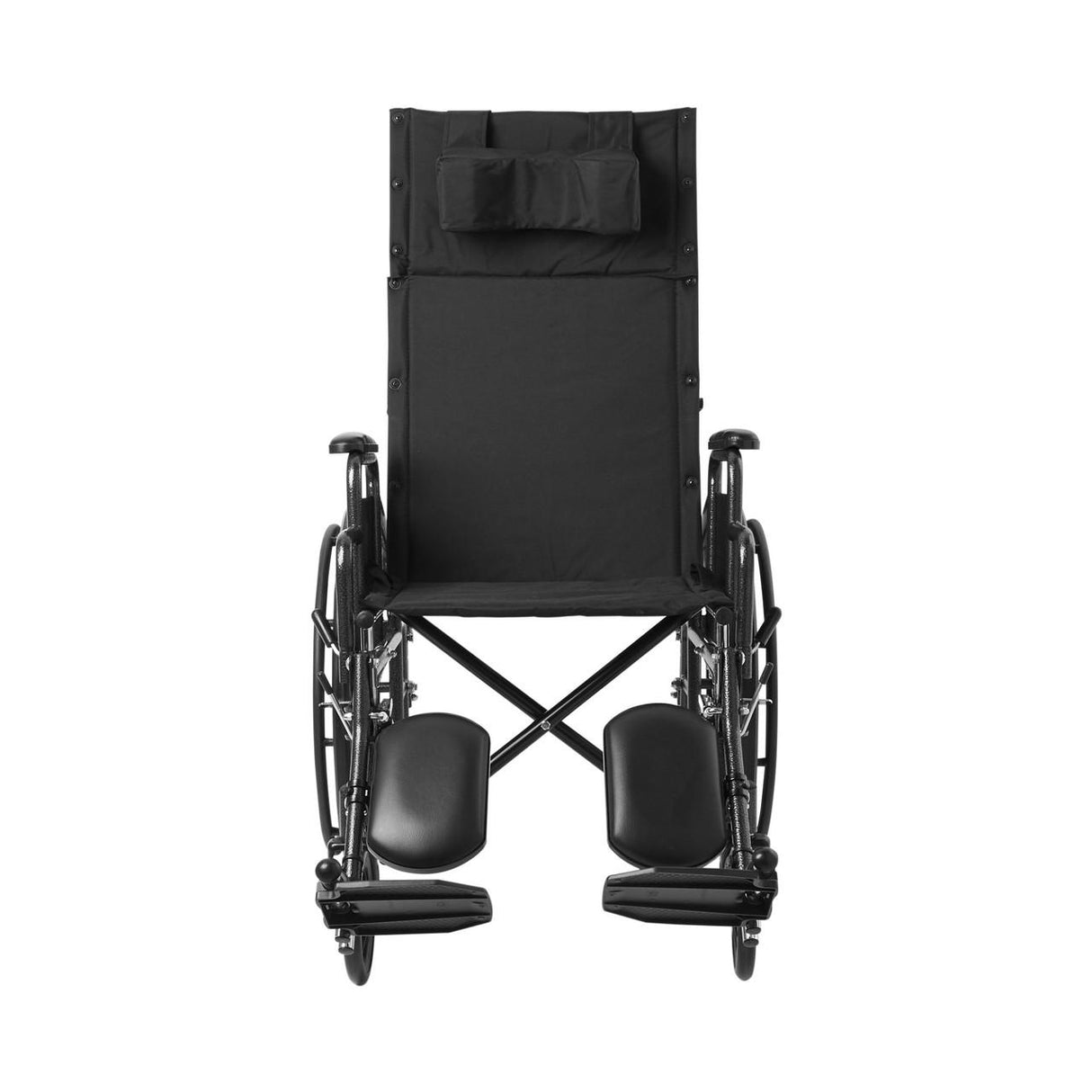 The McKesson Reclining 20 Wheelchair with Detachable Desk Arms is shown from the front on a white background, featuring a high backrest, headrest cushion, and elevated leg supports for comfort and daily support.