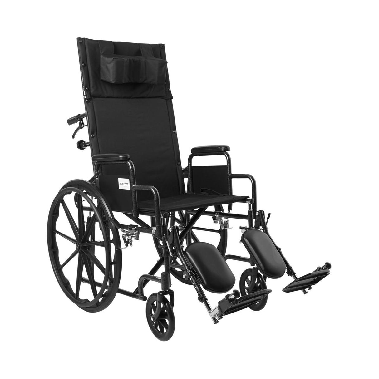 The McKesson Reclining 20 Wheelchair with Detachable Desk Arms features adjustable leg rests, padded armrests, a backrest pocket, and comes in black. It is shown against a plain white background.