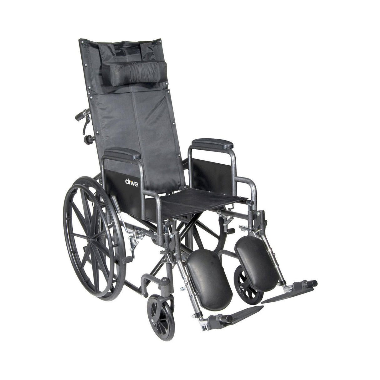 The McKesson Reclining 20 Wheelchair features a high backrest, headrest cushion, detachable desk arms, and elevated leg supports. This black wheelchair by McKesson has large rear wheels and small front wheels for easy mobility.