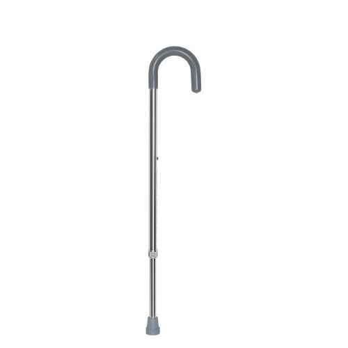 The McKesson Round Handle Cane, aluminum with a gray foam round handle and gray rubber tip, stands upright against a white background. Adjustable height: 30 to 39 inches. Brand: McKesson.