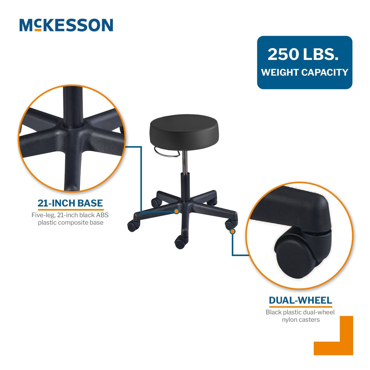 McKesson Round Pneumatic Exam Stool, Without Backrest, Black - 81-22500HAM114-Single - LL Medico