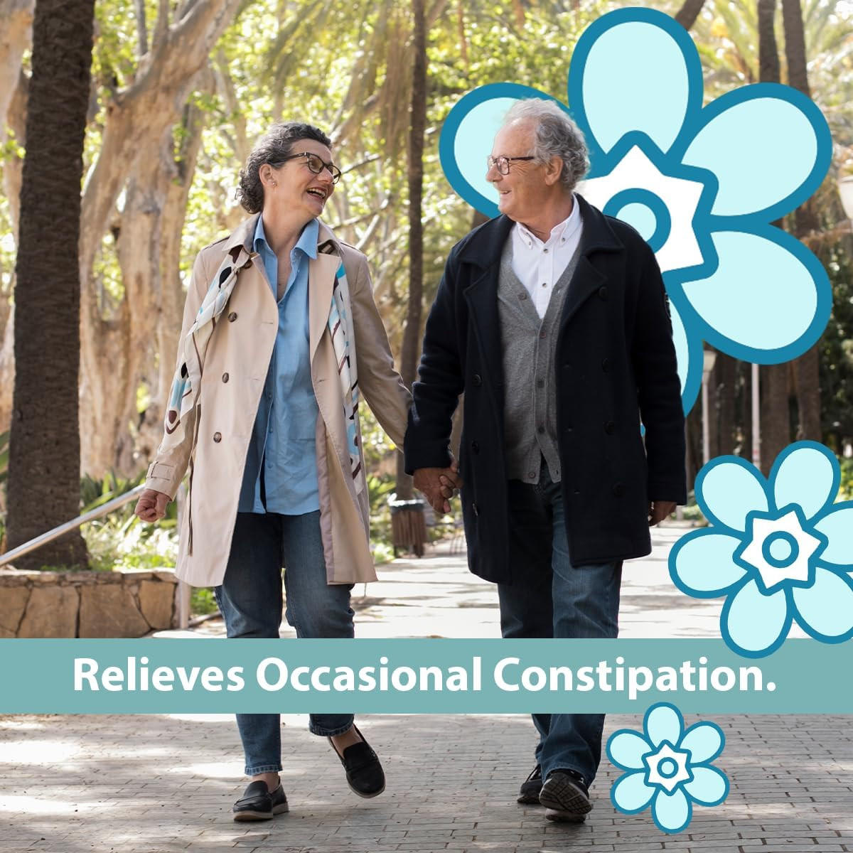An older couple walks hand in hand outdoors, smiling at each other, with blue floral graphics. Text at the bottom reads: “Relieves occasional constipation with McKesson Senna Laxative, 8.6 mg natural vegetable laxative.”.
