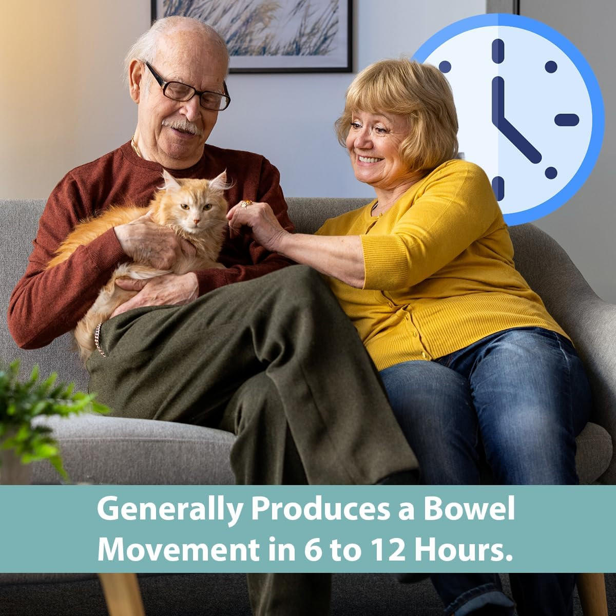 An older man and woman smile and pet a cat on a couch with a clock graphic behind them. Text below: McKesson Senna Laxative, 8.6 mg, generally produces a bowel movement in 6 to 12 hours. Brand: McKesson.