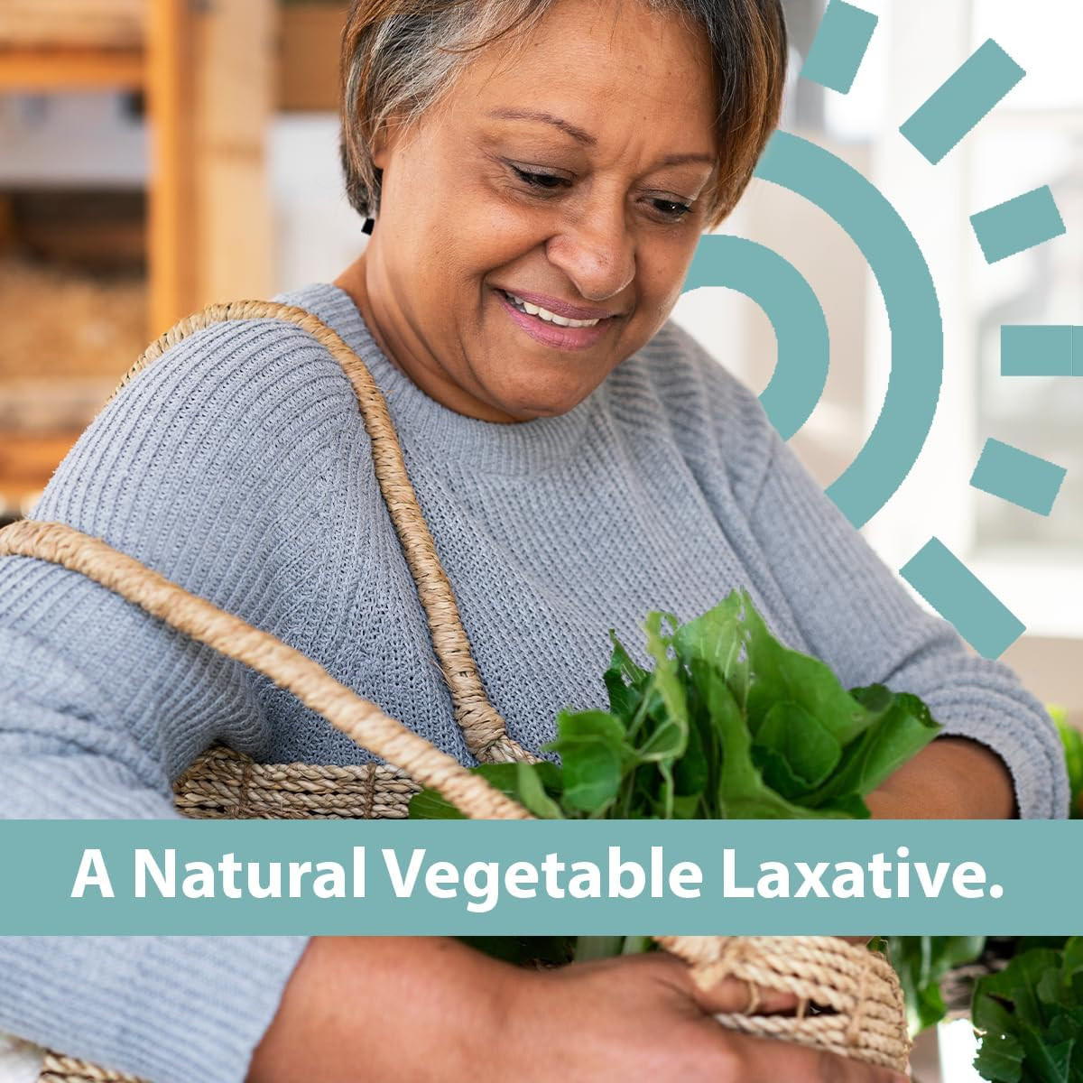 A smiling woman in a gray sweater holds a woven basket of leafy greens. Text reads: McKesson Senna Laxative, 8.6 mg Strength – A natural vegetable laxative with sennosides. Simple graphics appear in the background.