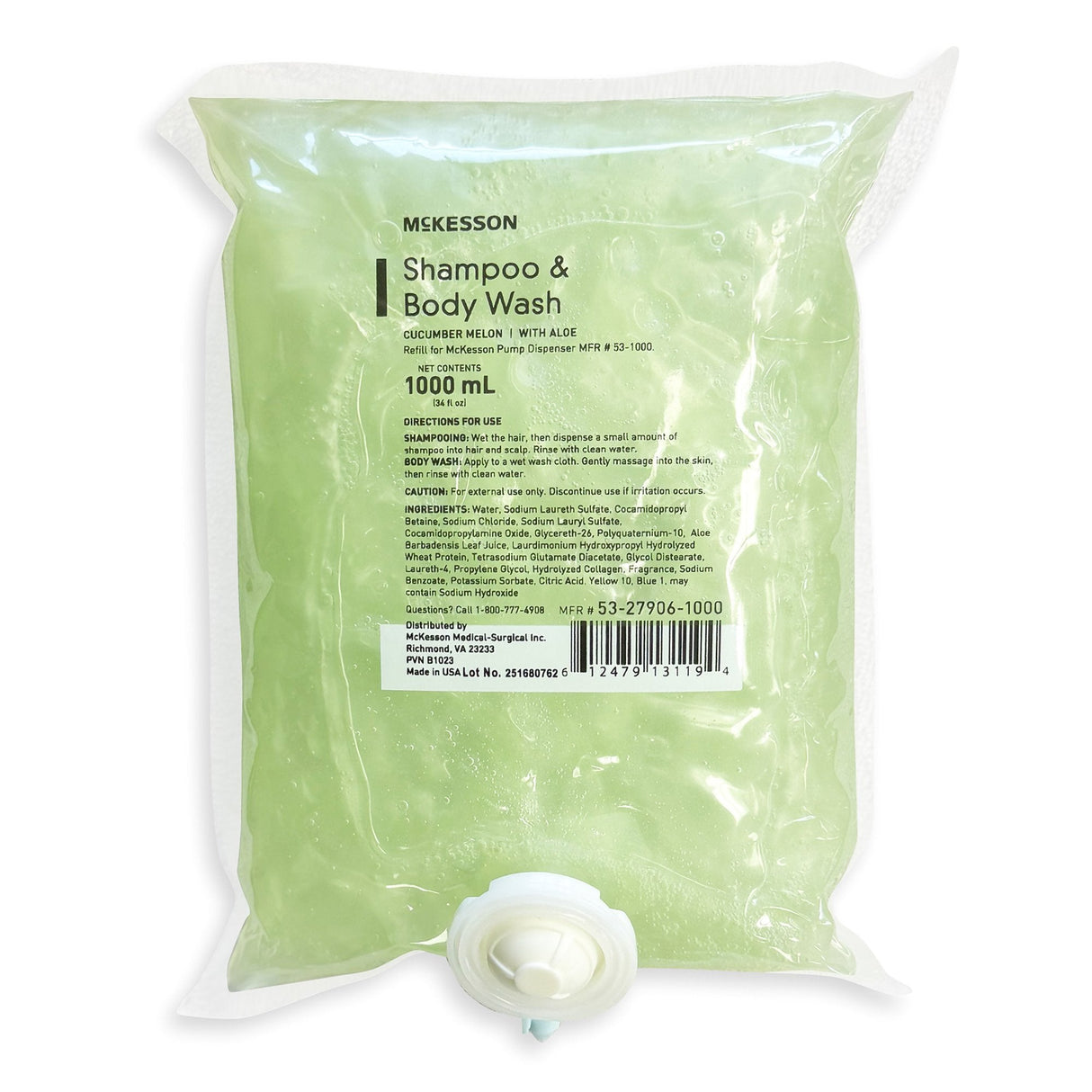 McKesson Shampoo and Body Wash Dispenser Refill Bag 1000 mL, Cucumber Melon - 53-27906-1000-Single - LL Medico