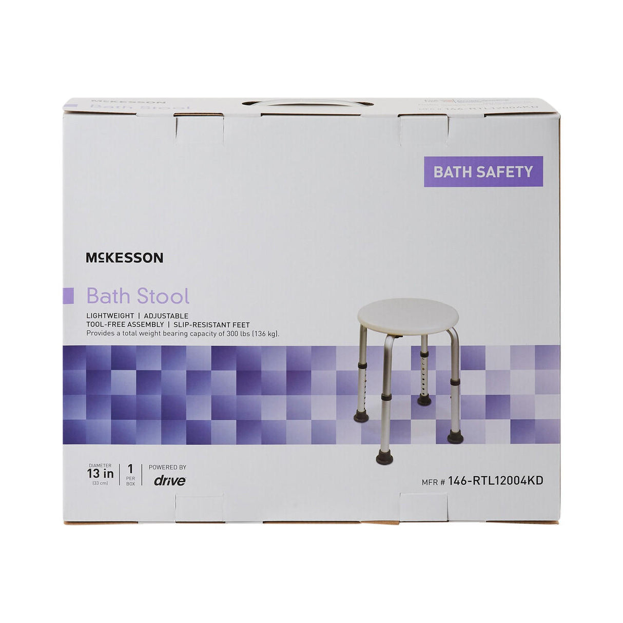 A white box labeled McKesson Shower Stool shows a round, height-adjustable shower stool with slip-resistant feet. The packaging features bath safety info and product details in purple and black text. Brand: McKesson.