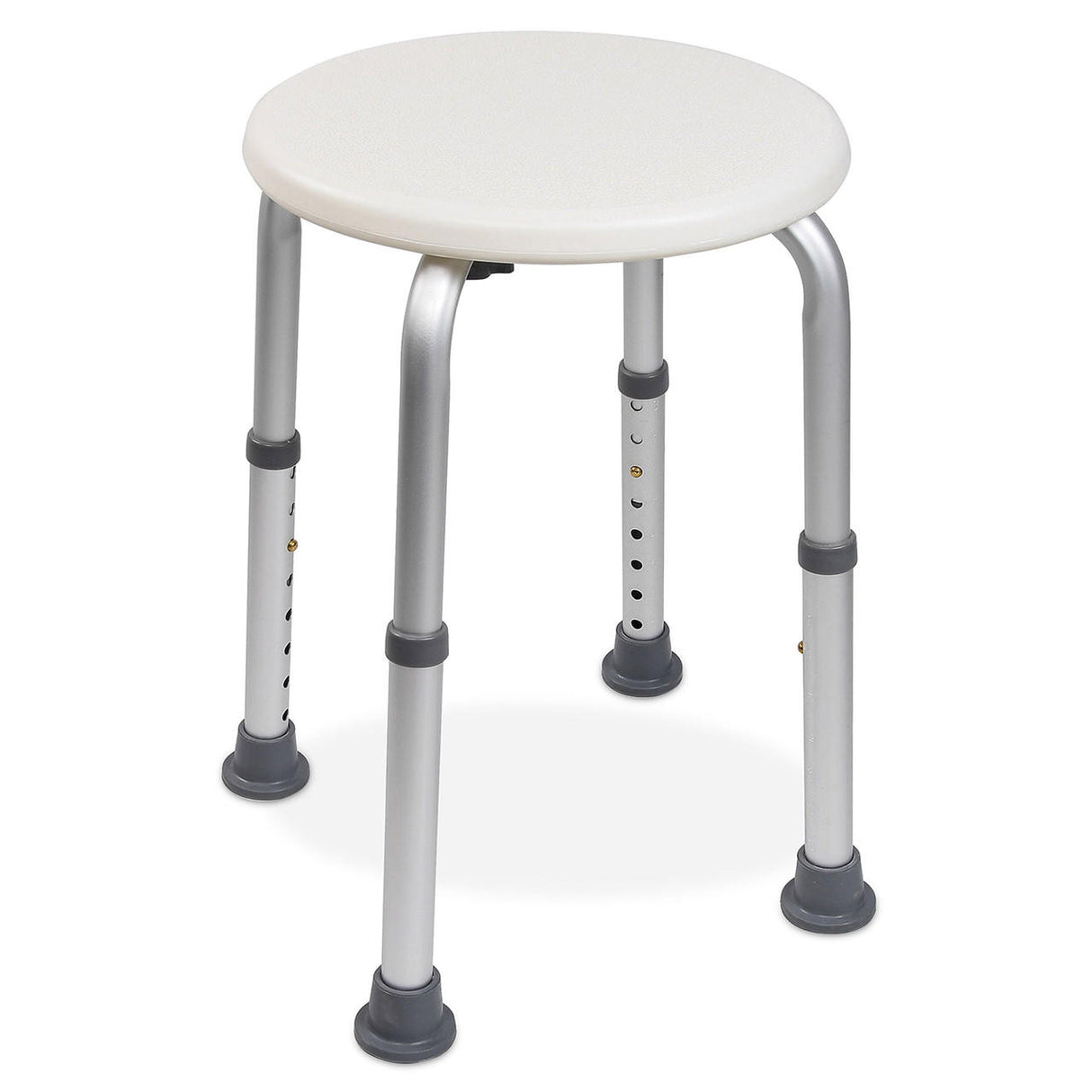 The McKesson Shower Stool by McKesson is a round, white bath seat with adjustable height and four silver legs, each capped with non-slip rubber tips for added safety and stability in the shower.