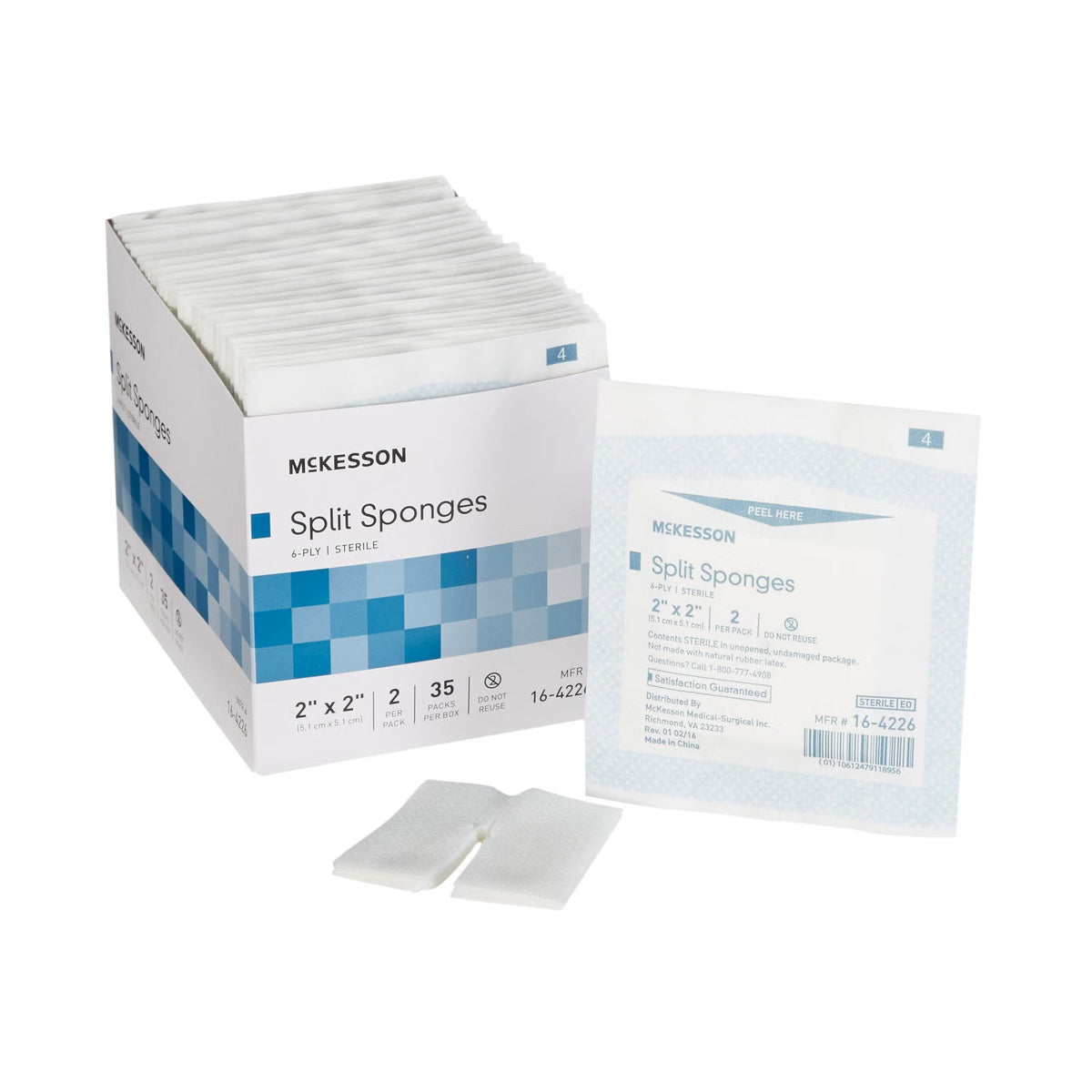 McKesson Split Sponges I.V. Drain Dressing, 6-Ply Sterile, 2" x 2", Pack of 2 - 16-4226-Pack - LL Medico