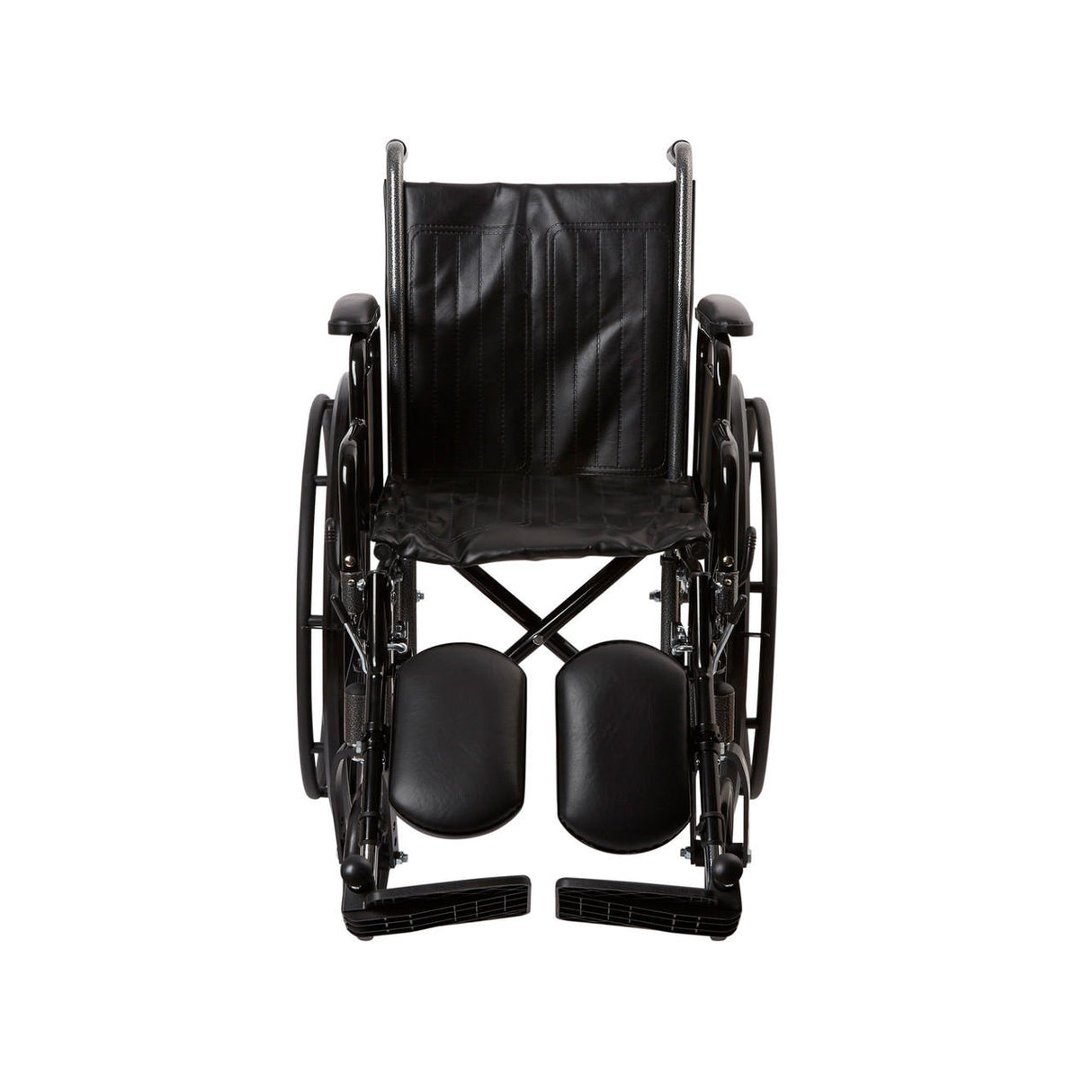 A McKesson Standard 16 black wheelchair with swing-away elevating footrests and detachable desk arms, shown from the front on a white background.