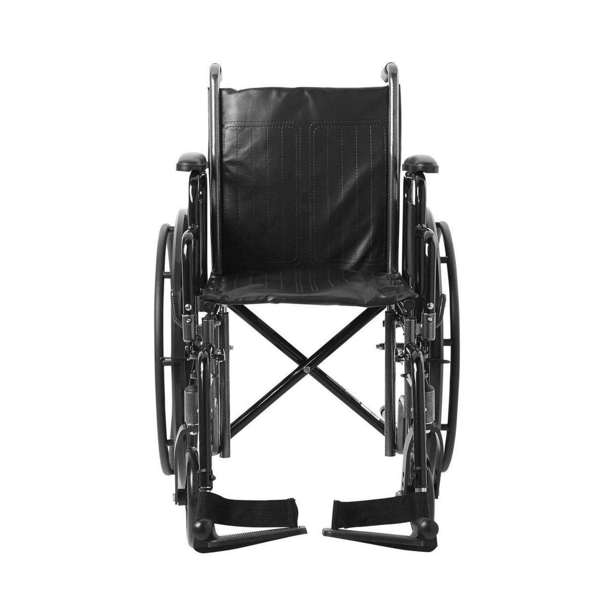 The McKesson Standard 16 Wheelchair features large rear wheels, small front wheels, swing away footrests, and detachable desk arms. Shown from the front against a white background.