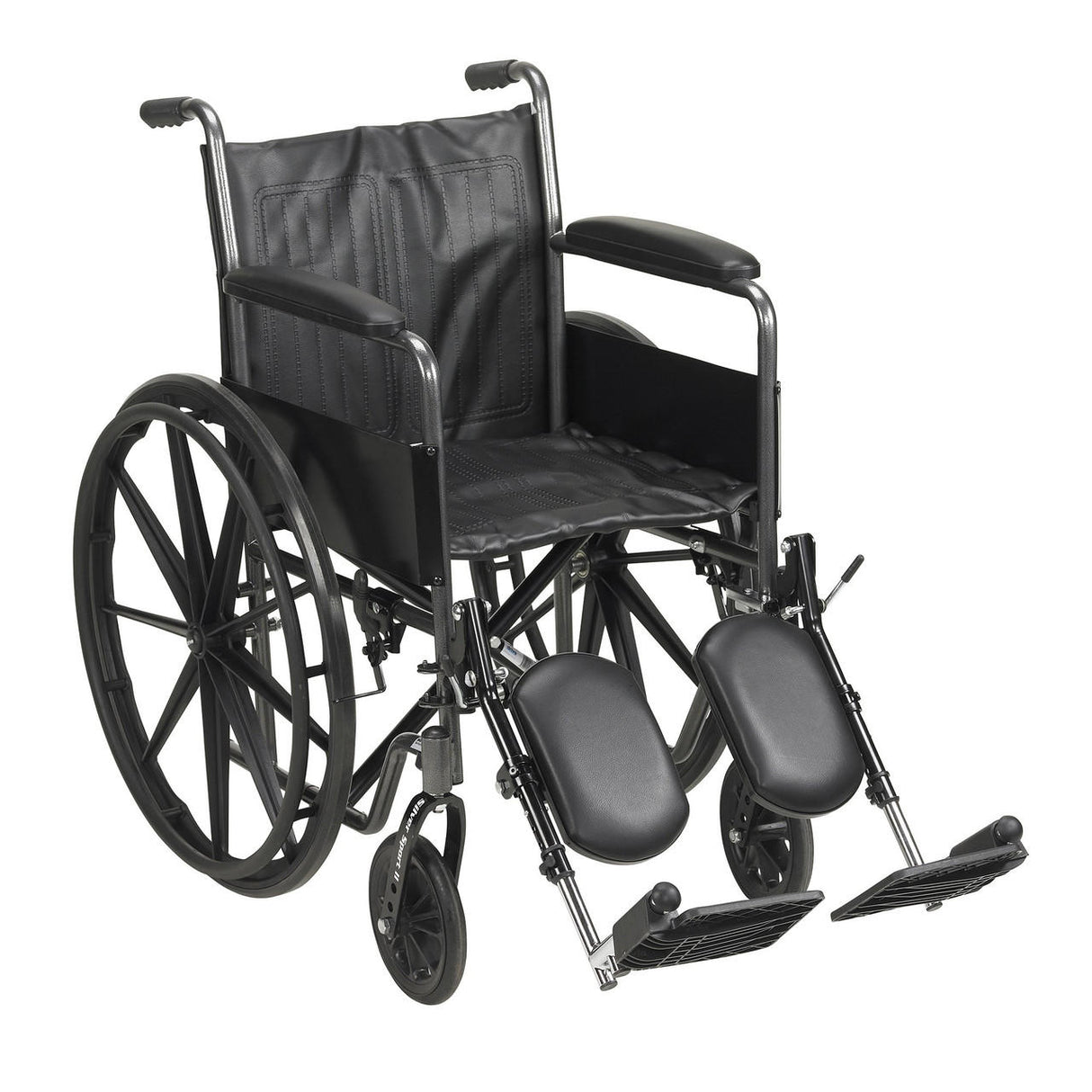 The McKesson Standard 18 Wheelchair features large rear wheels, small front wheels, detachable desk arms with padded rests, elevating swing-away footrests, and a durable black seat and backrest. Brand: McKesson.