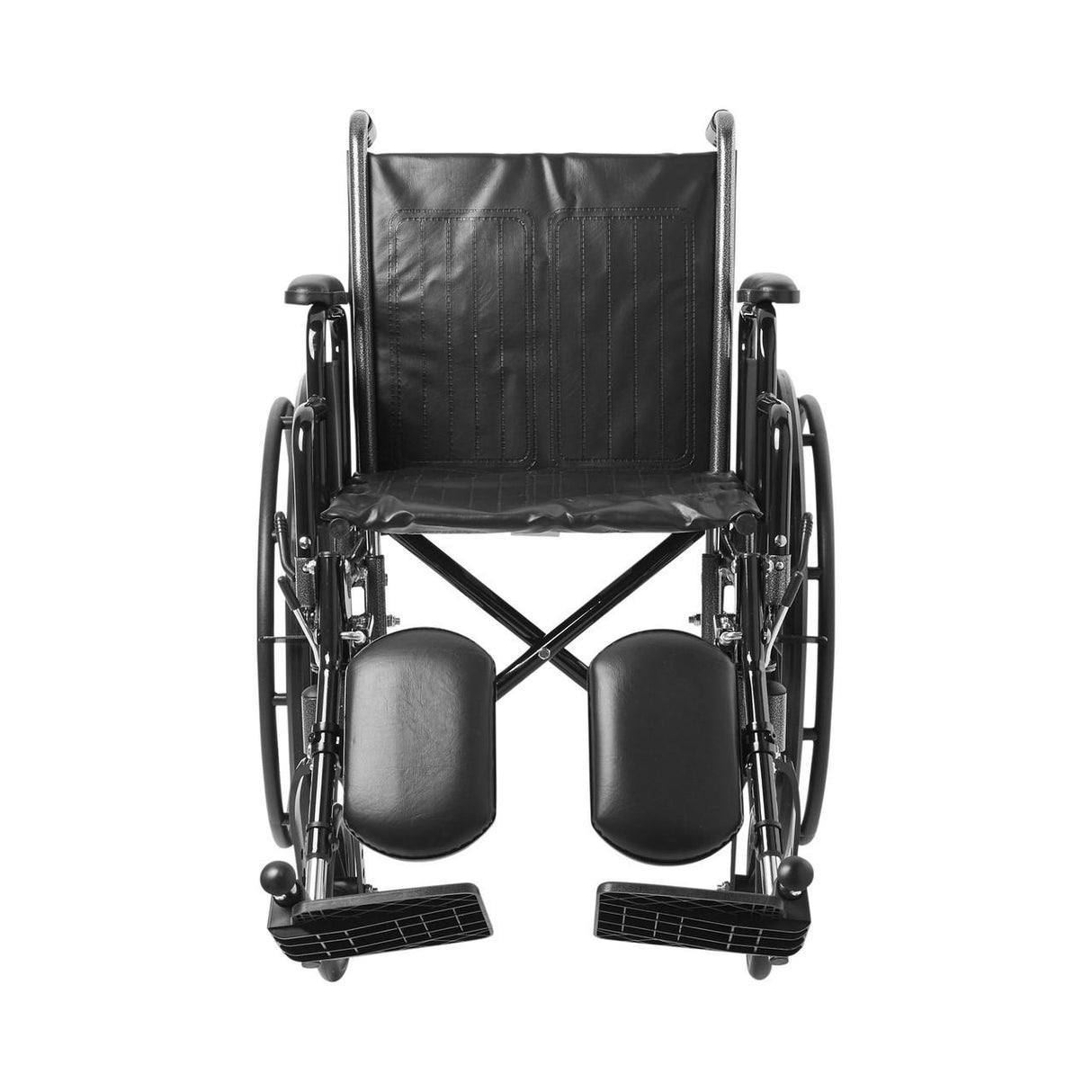 The McKesson Standard 18 Wheelchair features detachable desk arms, elevating swing-away footrests, and large rear wheels in black, shown from the front on a white background.