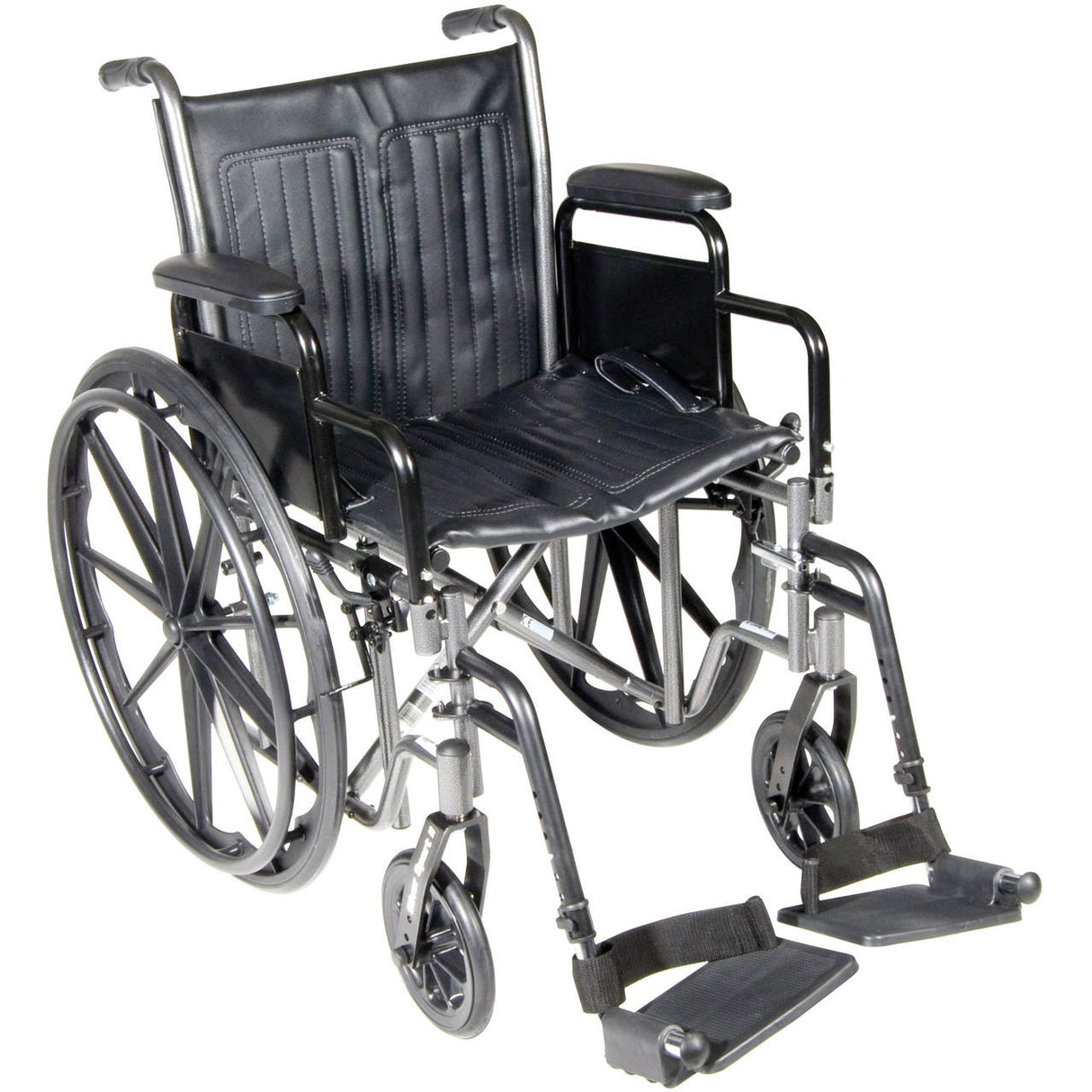 The McKesson Standard 18 Wheelchair in black features large rear wheels, a padded seat and backrest, detachable desk arms, and swing away footrests for comfort and versatility.