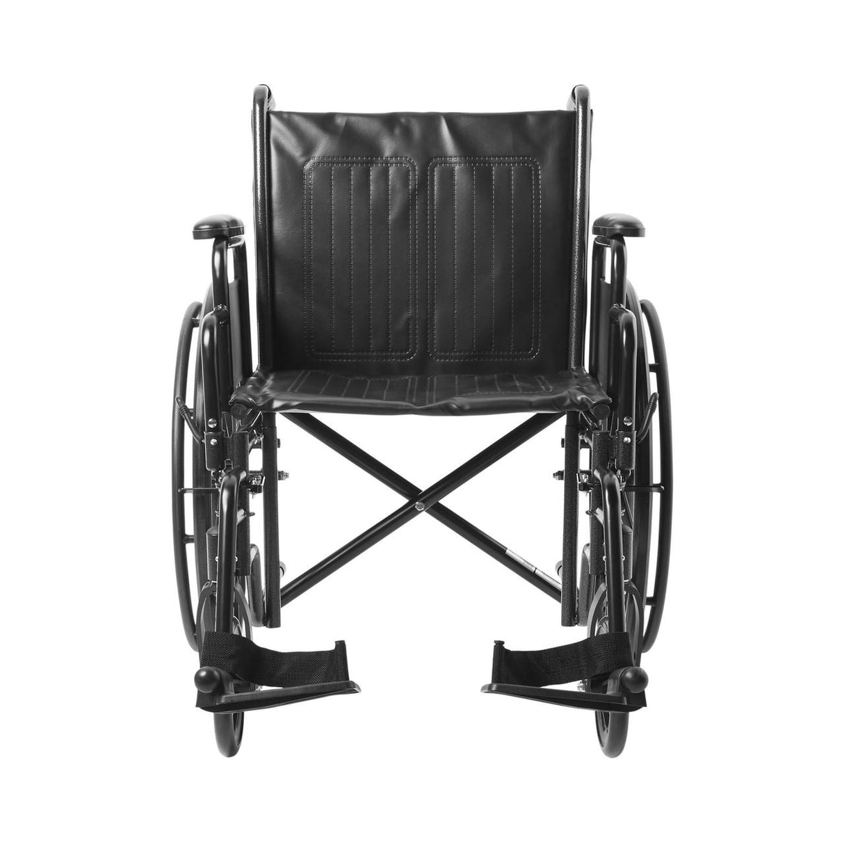 The McKesson Standard 20 Wheelchair features a black carbon steel frame, large rear wheels, swing-away footrests, detachable desk arms, and push-to-lock brakes. Front view shown against a white background. Brand: McKesson.
