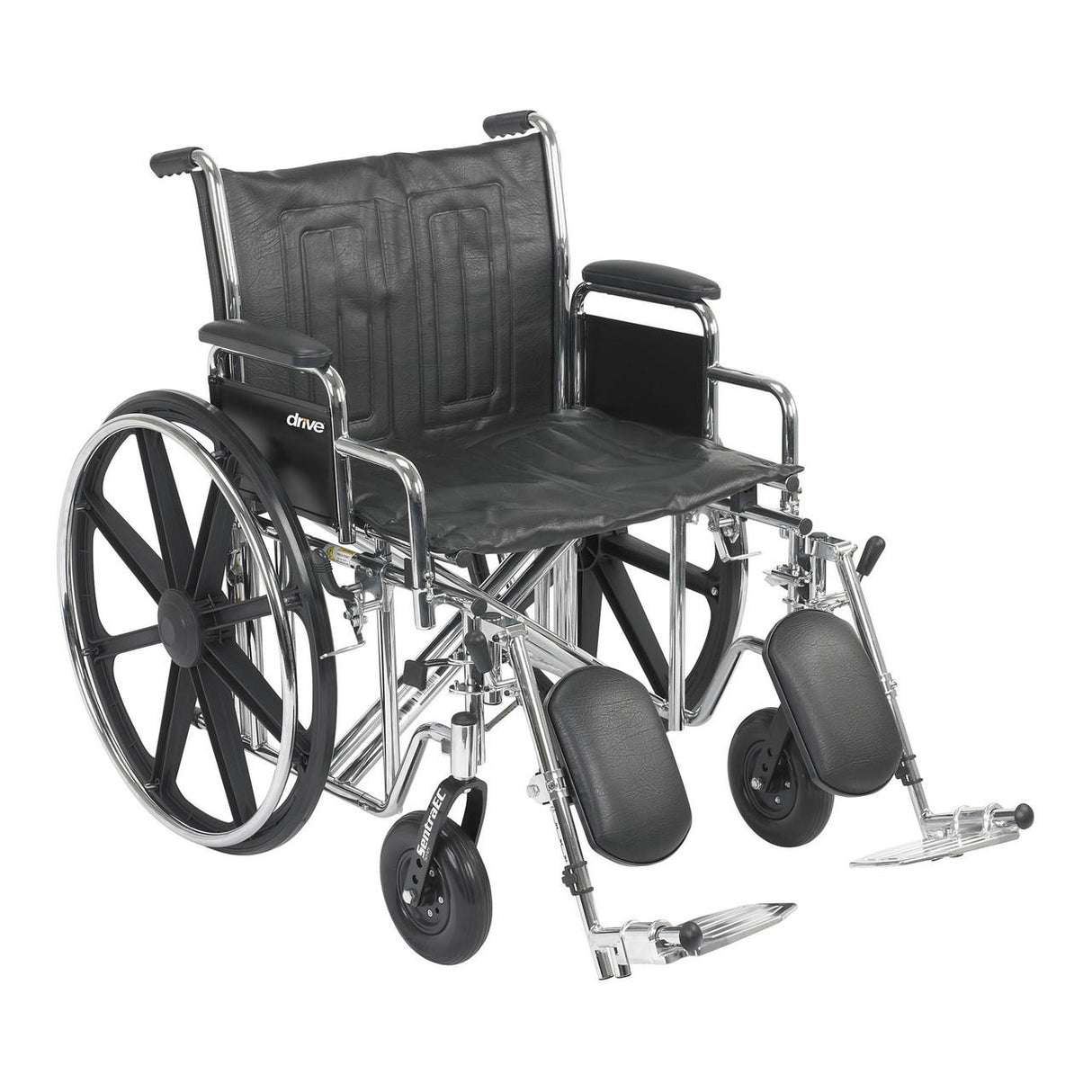 The McKesson Standard 22 Wheelchair features a black and silver frame, large rear wheels, small front wheels, padded seat and backrest, detachable desk arms, and elevating swing-away footrests for extra user support.