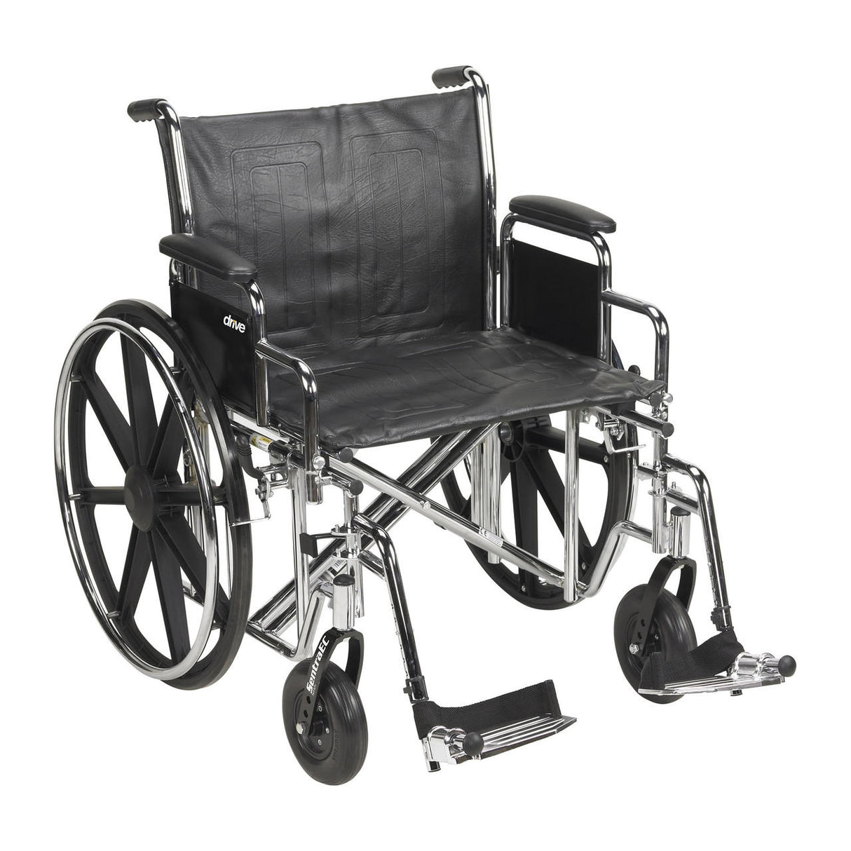 The McKesson Standard 22 Wheelchair features a lightweight yet sturdy metallic frame, large rear wheels, small front wheels, black seat and backrest, detachable desk arms, and swing-away footrests—ideal for mobility assistance and extra support.