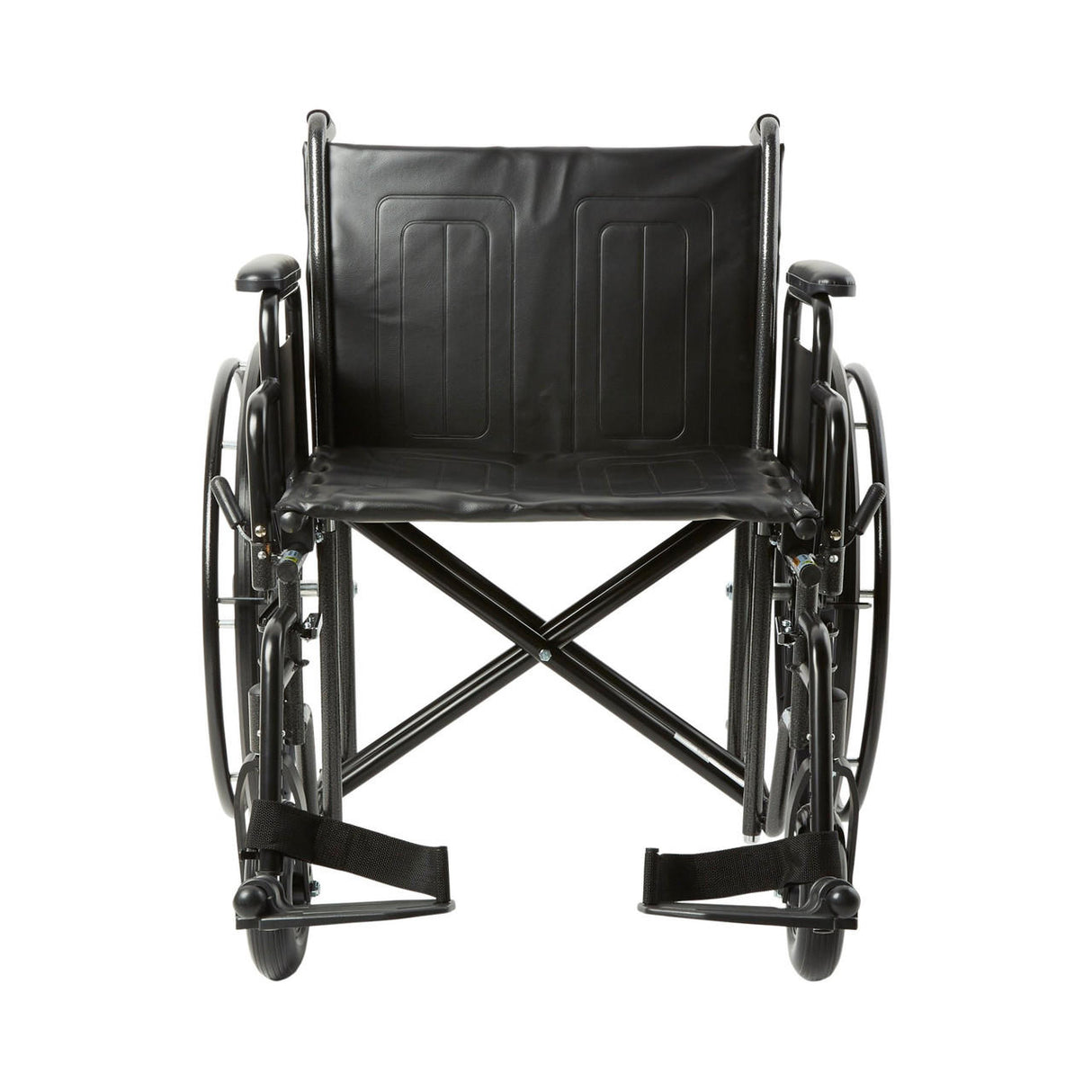 Front view of a McKesson Standard 22 Wheelchair with swing away footrests and detachable desk arms, by McKesson, featuring large rear wheels and set against a plain white background.